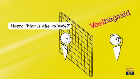 Twee poppetjes. De een veelbegaafd en ziet ruimte. De ander wordt door een een raster beperkt met allemaal vakjes en vraagt: Hoezo 'hier is alle ruimte?'